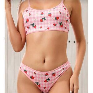 Strawberry Print Pink Plaid Womens Bra and Thong Set*XL*Sissy*Cosplay*Femboy*NIP